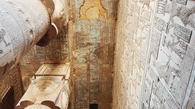 Beautiful vaults and bas-reliefs in the ancient temple complex of Dendera, Qena, Egypt.