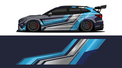Naklejka premium Sleek blue race car with bold striped graphics and aerodynamic profile.
