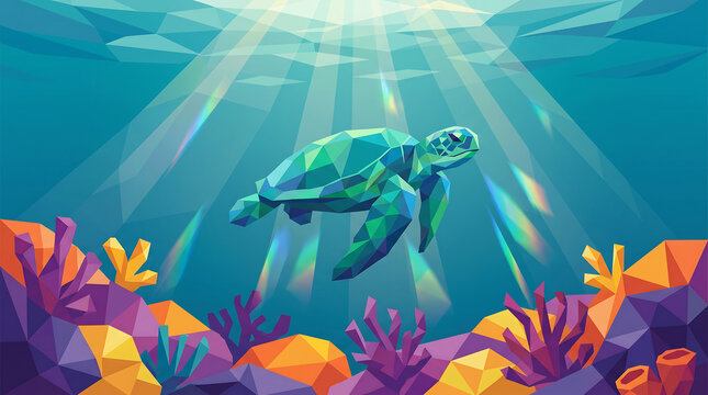 Low poly sea turtle swimming underwater with colorful coral reef and light rays