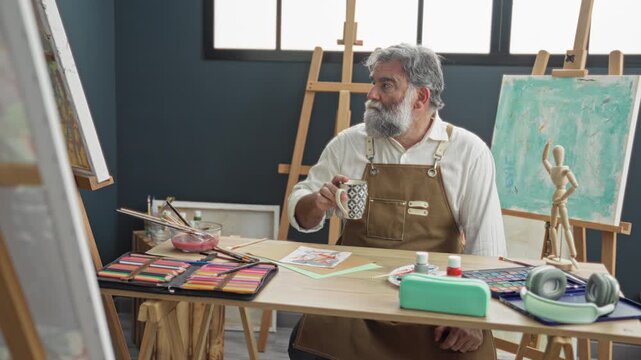 Man drinking coffee with hand holding patterned mug in art studio, seated at table with easel and paints; calm creativity.