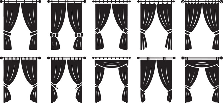 Collection of various window curtain styles with fabric drapery and tiebacks hanging on rods for residential home interior decor.