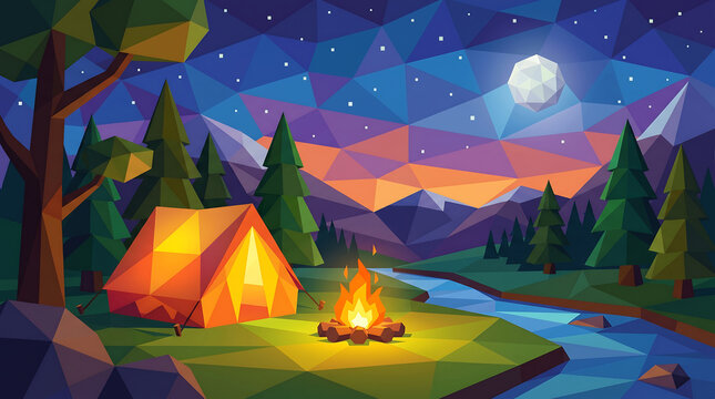 Low polygon style camping tent and bonfire under starry night sky