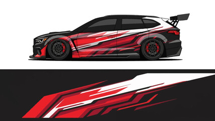 Sleek red and white racecar side profile with bold graphic stripes and a rear spoiler. © AhzaArdiansyah
