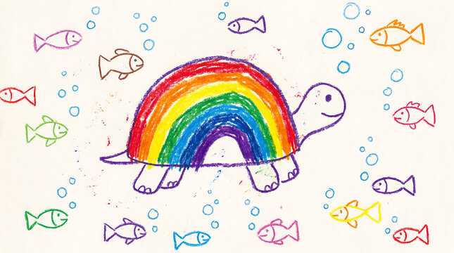hand drawn turtle with rainbow shell swimming among colorful fish and bubbles