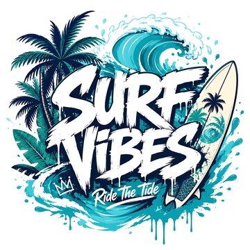 Surf vibes typography design with palm trees, ocean wave and surfboard