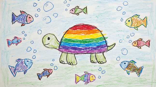 Colorful crayon drawing of a rainbow turtle swimming with fish underwater