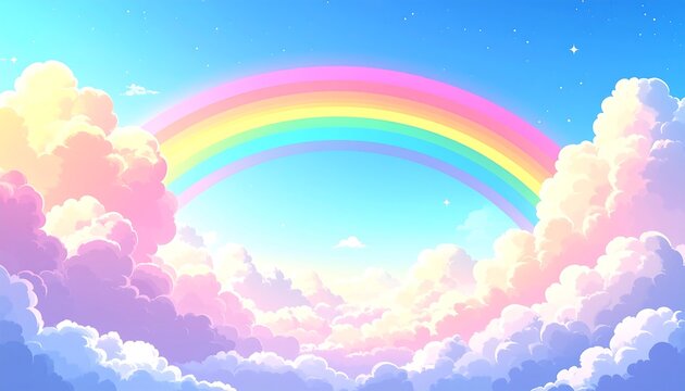 Cartoon-style rendering of a vibrant, pastel rainbow arches over fluffy, pink and yellow clouds in a bright blue sky