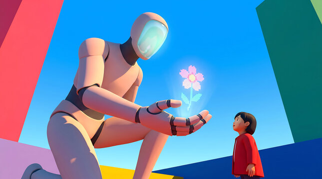 A friendly robot offering a glowing pink flower to a young boy