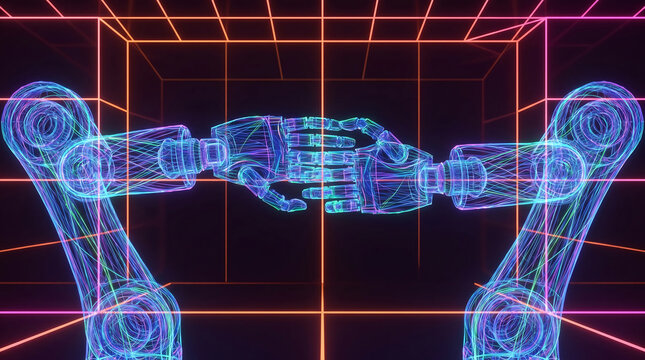 Neon wireframe style robotic arms shaking hands in a digital grid background