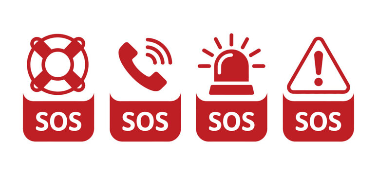 Urgent SOS icons for water safety and emergency response, showing help needed symbols for maritime distress situations, rescue operations, emergency alerts, and ocean safety communication vector 