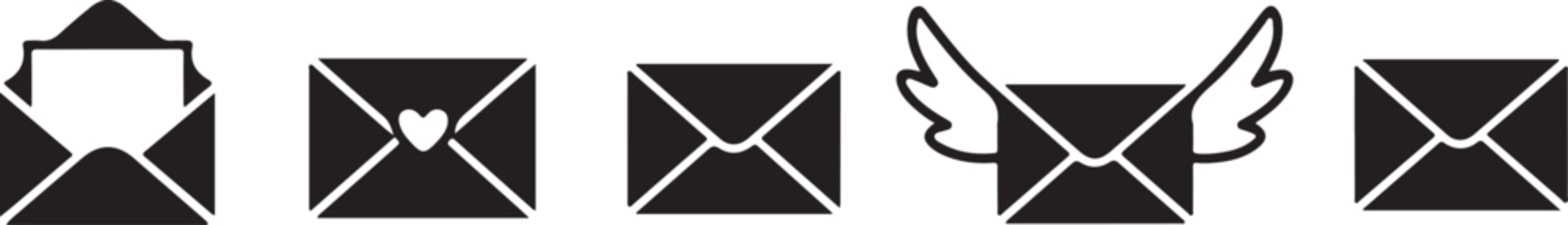 Set of black and white envelope icons representing mail, messages, and communication forms with various styles.