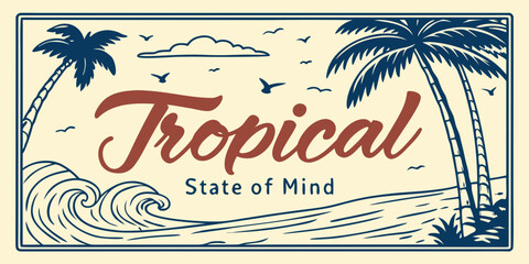 Obraz premium Palm trees and waves a vintage style vector illustration