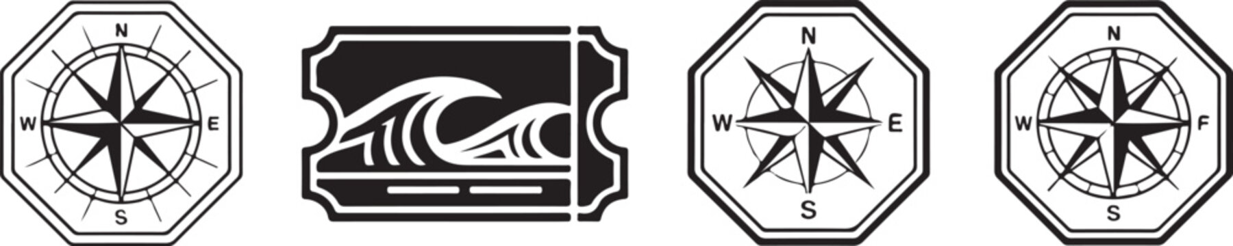 Navigation compass and ocean ticket icons set including nautical rose wind direction indicators and wave graphic travel elements.