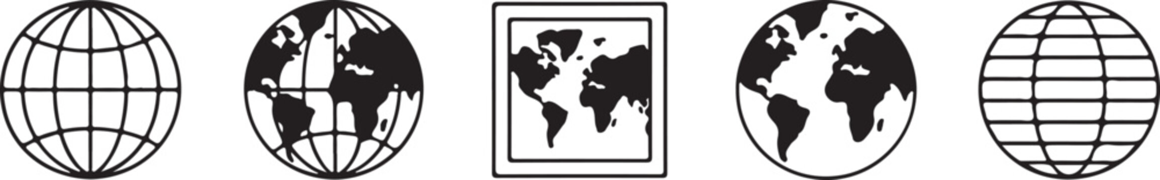 World map and globe icons collection featuring different earth projections continental outlines and geographic coordinate grids.