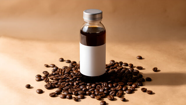 Minimal cold brew bottle with beans on warm kraft paper