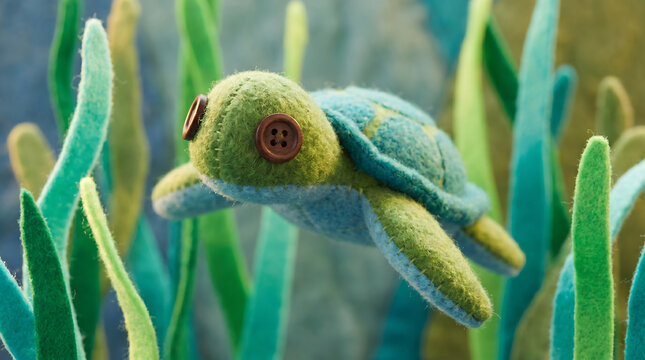 Green felt handmade turtle toy swimming in the water with button eyes