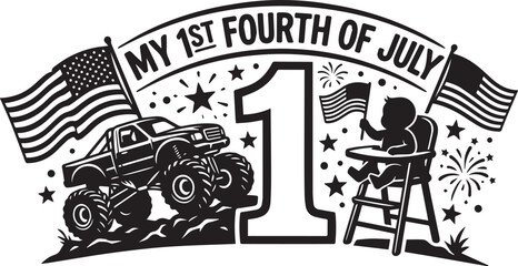 4th of July, American Flag, Monster Truck, Patriotic Vector, Independence Day, Kids Illustration © TXPHIC