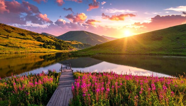 Romantische Landschaft bei Sonnenuntergang mit einem ruhigen See