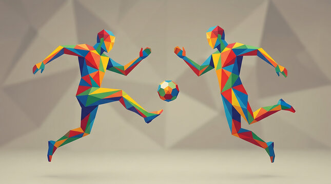 low poly style colorful soccer players kicking the ball in action