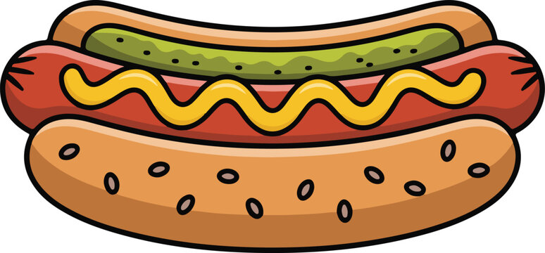 Single appetizing hot dog with mustard and green relish topping served in toasted bun ready for summer street food snack time.