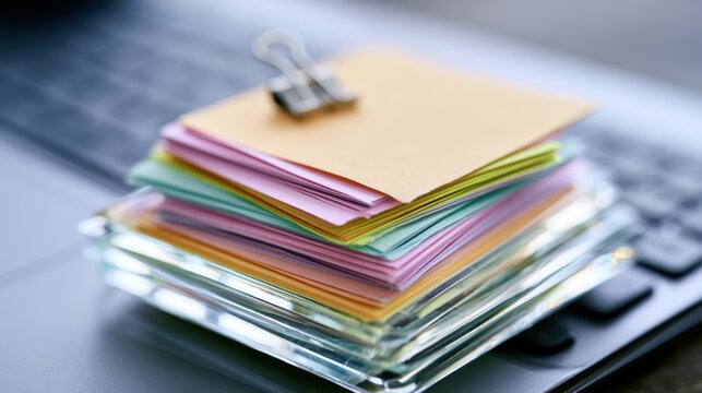 Layered pastel sticky notes displaying crisp handwritten priorities with miniature metal clips resting on acrylic glass ultrashallow focus highlighting texture against a diffused