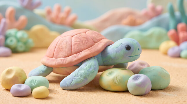 Cute pink sea turtle crawling on sandy seabed with colorful stones and corals