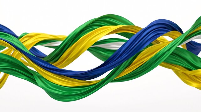 AI generated abstract flowing ribbons in colors of the Brazilian flag on white background