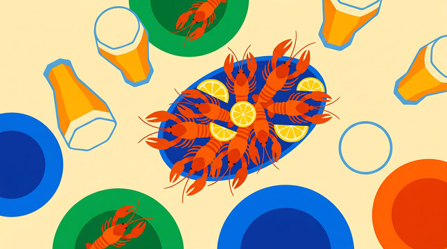 Flat illustration of crayfish and beer on a table viewed from above