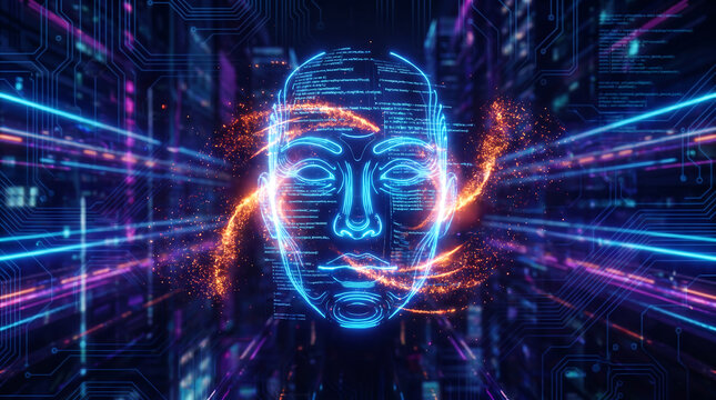 Cyberpunk style blue tech face digital art with neon lights and data particles