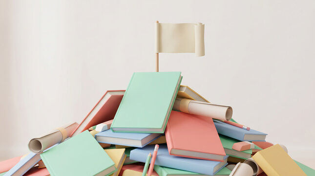 Colorful books stacked in a pile with a blank flag inserted on top for education concept