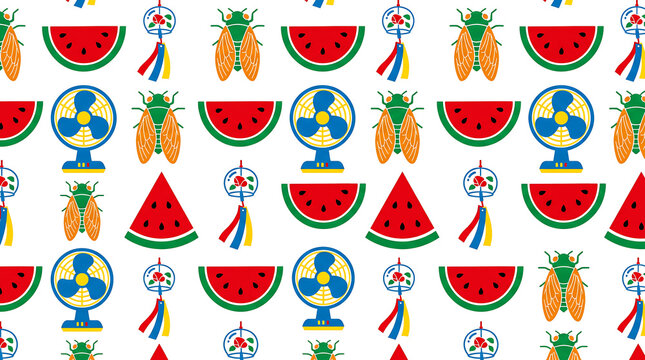 seamless summer pattern with watermelon fans cicadas and wind chimes on white background