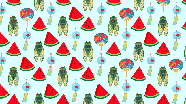 Seamless pattern background featuring watermelon slices cicadas and wind chimes for summer design