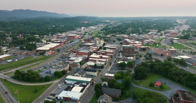Aerial view of Johnson City, Tennessee. Historic Appalachian townscape with classic American architecture and mountain surroundings.