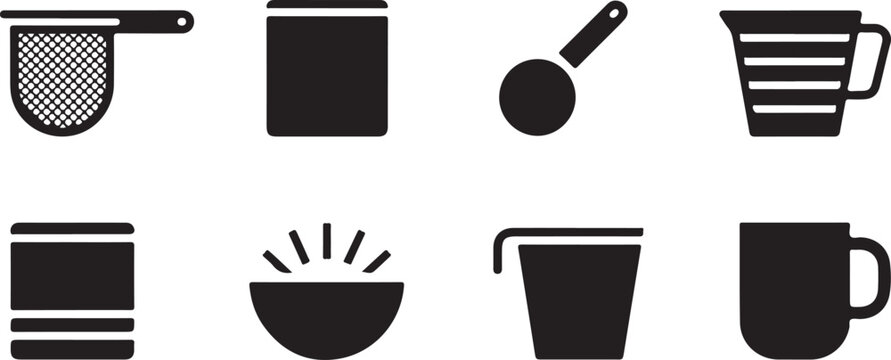 Kitchen utensil collection silhouette icons set featuring various cooking tools such as measuring cups sieve and mugs isolated.