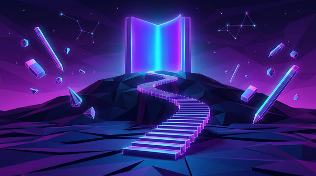 purple neon glowing book with a staircase leading to knowledge in a futuristic universe