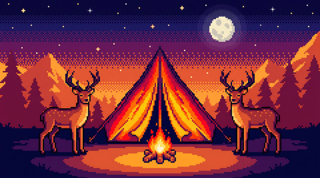 pixel art illustration of camping tent with bonfire and two deer under starry moonlit sky