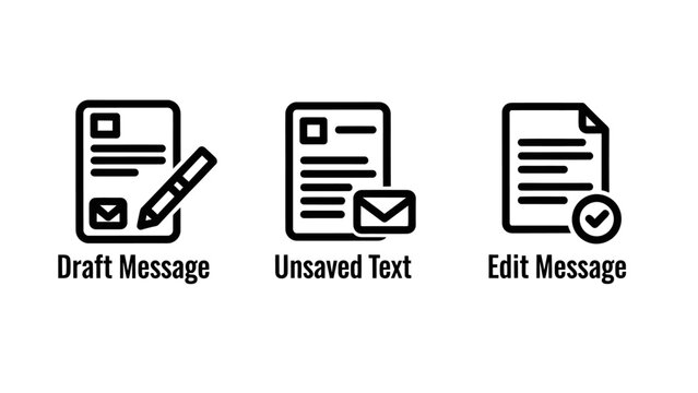 Document editing and messaging icon set with document validation checkmark management interface software application correspondence communication business creation complete submission