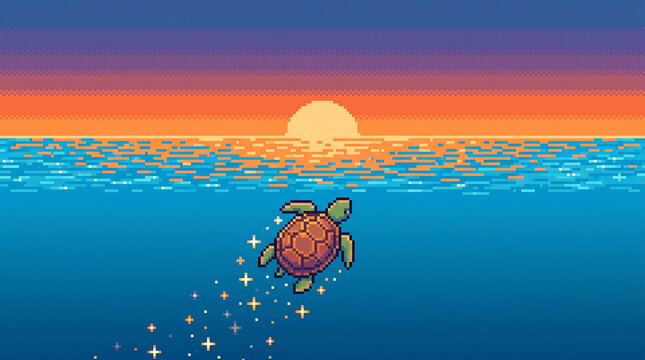 Pixel art sea turtle swimming in the ocean under a colorful sunset sky