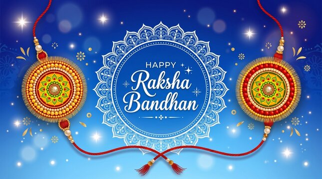 Indian festival Rakhi background vector with decorative brother and sister rakhi threads, mandala circle frame, and festive bokeh lights.