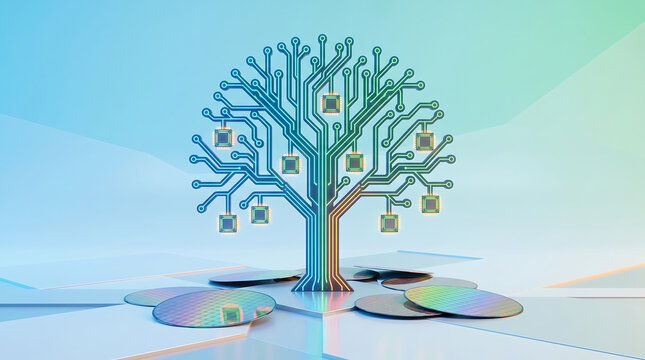 3d illustration of a circuit board tree with microchips representing data and technology