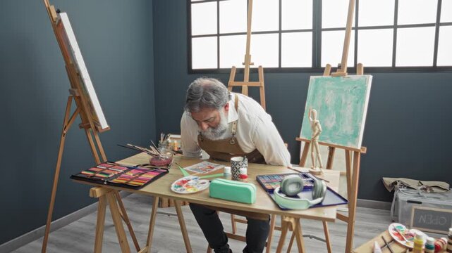 Man painter with hoary beard in apron stirs mug with right hand at a paint strewn table beside easel in studio; quiet contemplation.