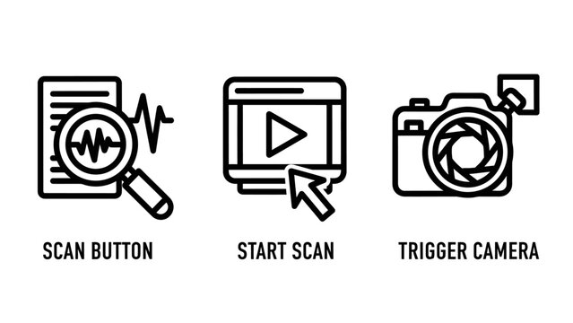 Scan button and camera trigger technical interface icons with interface document software technology detection information hardware function operation technical features