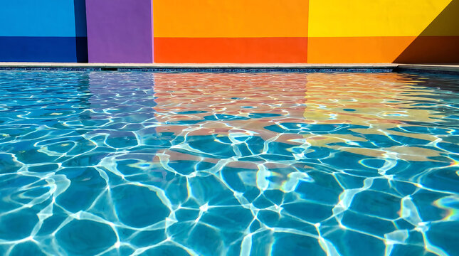 Colorful wall reflections shimmering on clear swimming pool water surface