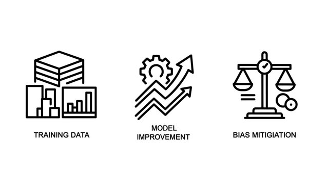 Ai model development icons: training data model improvement bias mitigation with artificial intelligence machine learning data science statistics algorithm illustration development improvement