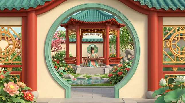 Ancient chinese woman in pavilion viewed through circular garden gate