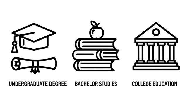Higher education icons: graduation cap diploma stack of books college building with education university learning academic knowledge illustration building architecture scholastic curriculum