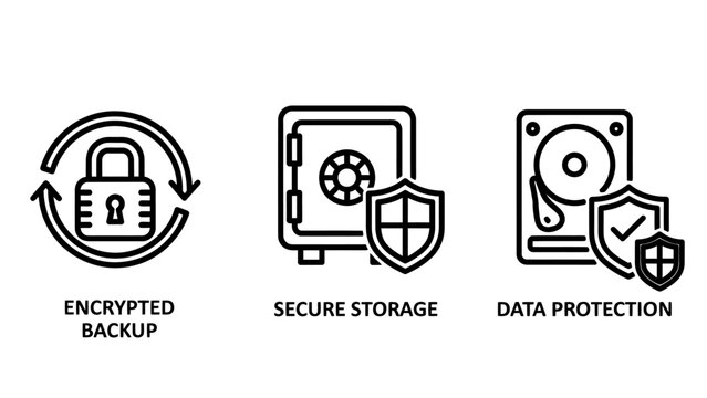 Encrypted backup secure storage and data protection icons with safe keeping encrypted protection security cybersecurity internet computer harddrive encryption information technology