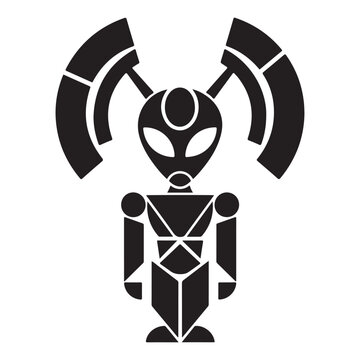 Black and white geometric alien robot icon with large antennas and futuristic cyborg body