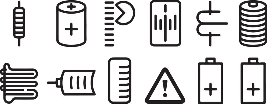 Technical icons depicting electrical components and battery units for scientific engineering or industrial power applications.