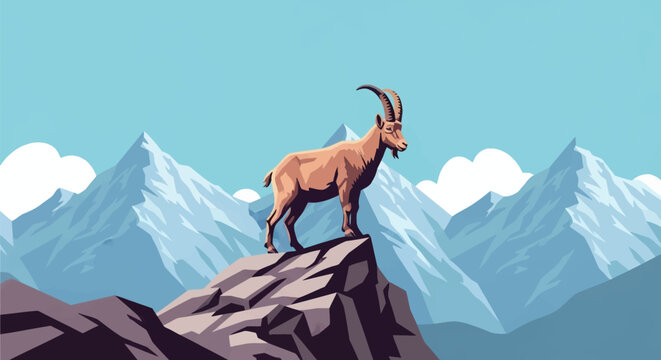 Vector illustration of an alpine ibex with large curved horns standing on a sharp rocky peak with snow-capped mountain summits and a light blue sky in the background.